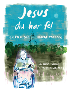 Omslaget till “Jesus du har fel”, en tecknad bild på Maria i rullstol med natur och kyrka i bakgrunden.